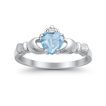 Heart Shape Simulated Aquamarine CZ Claddagh Wedding Ring 925 Sterling Silver